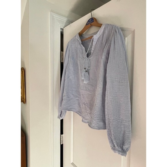 Organic Cotton Gauze Light Blue Blouse with Tie Detail - Picture 5 of 7